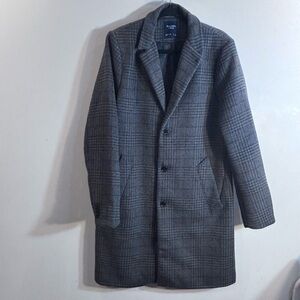 ABERCROMBIE & FITCH Sz L Plaid Grey Coat Wool Blend Peak Lapel Buttons Lined